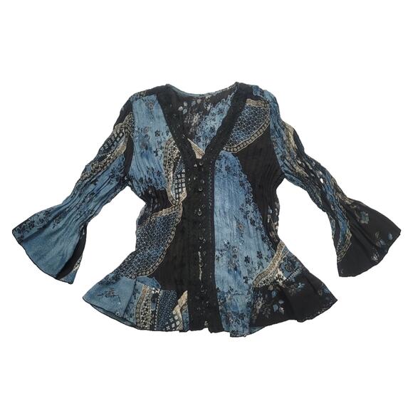 Y2K Dark Floral Flared Sleeve Accordion Lace Trim Blouse Sz L Fairy Whimsigoth - Picture 1 of 9